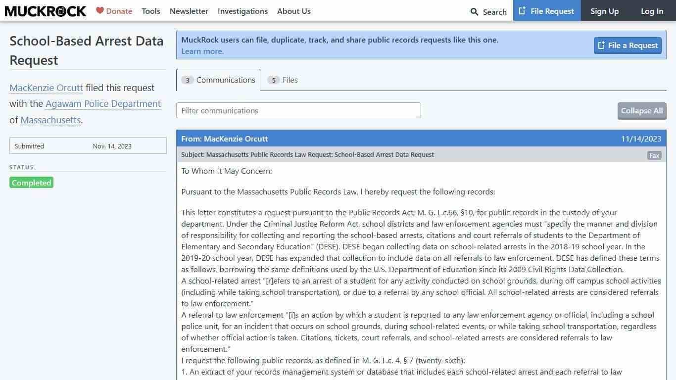 School-Based Arrest Data Request • MuckRock
